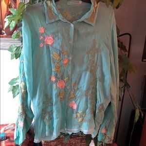 Johnny Was Boho Aqua Floral Embroidered Button Down Shirt